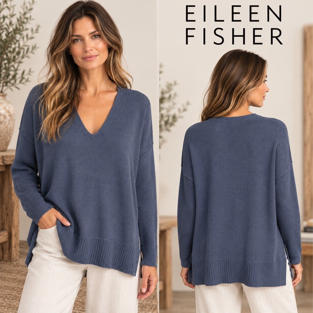 Eileen Fisher Blue Organic Cotton Tencel V-Neck Sweater Relaxed Knit Size PS